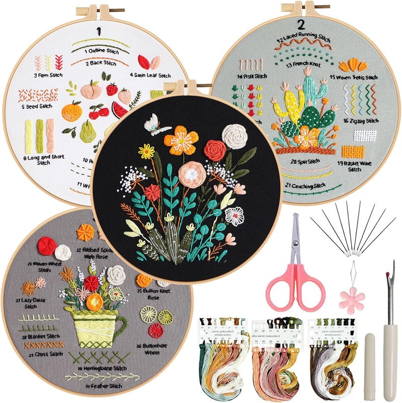 Ohcol Embroidery Kit for Beginners, 4 Floral Patterns, Learn 33 Stitches, Pre-Printed Fabric, Hoop, Colored Threads and Needles, Easy Video Guide, DIY Hand Sewing Gift for Adults and Teens - Image 1